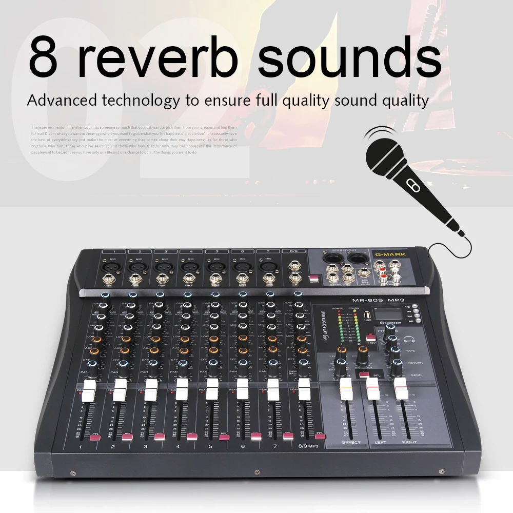 G-MARK MR80S аудио микшер музыкальная студия микшерный пульт аналоговый микшер 7 моно 1 стерео USB MP3 Bluetooth 48 В мощность рождественские Вечерние
