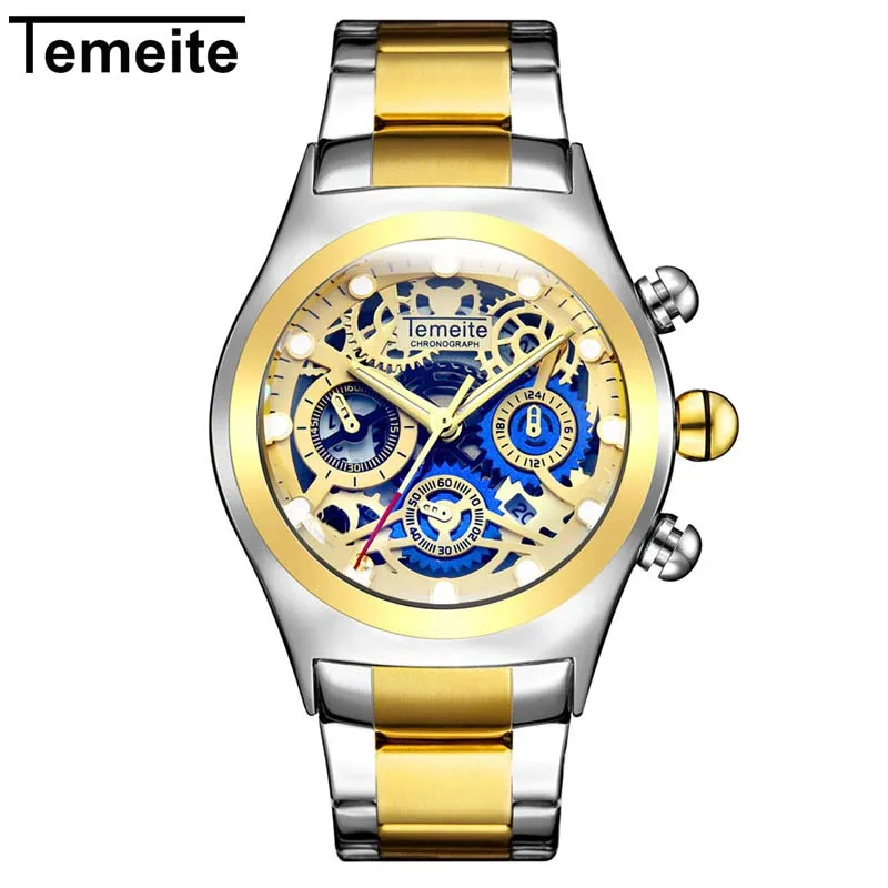 Gold Silver Relogio Masculino TEMEITE Лидирующий бренд Мужские часы Роскошные модные золотые бизнес полностью Стальные кварцевые наручные часы Мужские часы Прямая поставка - Цвет: Gold Silver