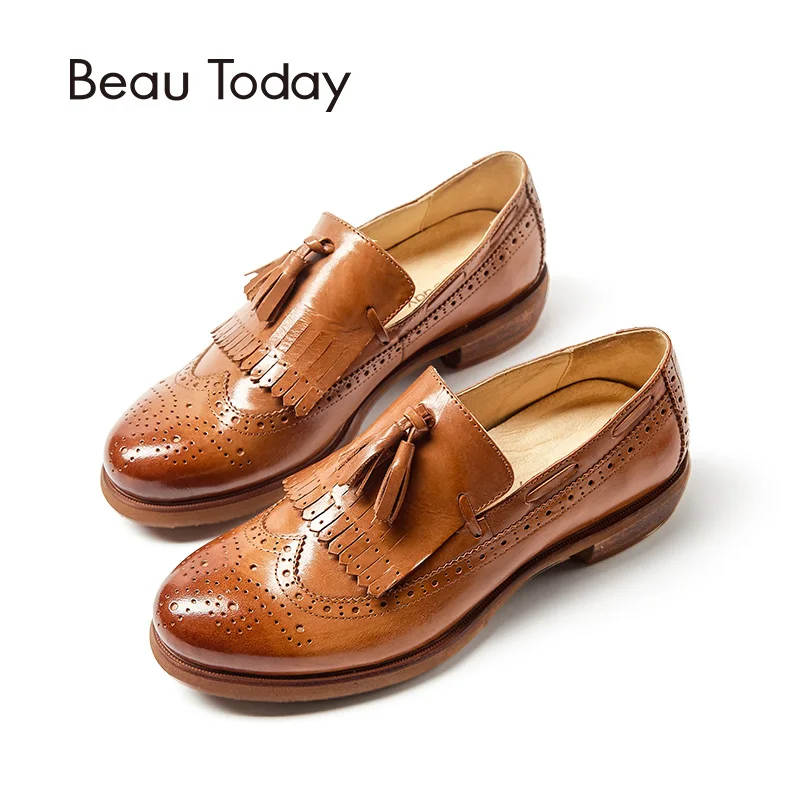 BeauToday/Модные женские лоферы с бахромой; сезон весна-осень; слипоны с круглым носком; женская обувь из натуральной коровьей кожи с бахромой; 21035