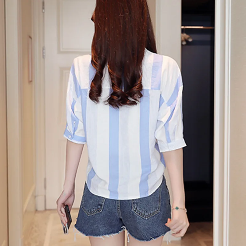 Модные женские блузы 2018 Летняя одежда новые отложной воротник полосатый шифон
