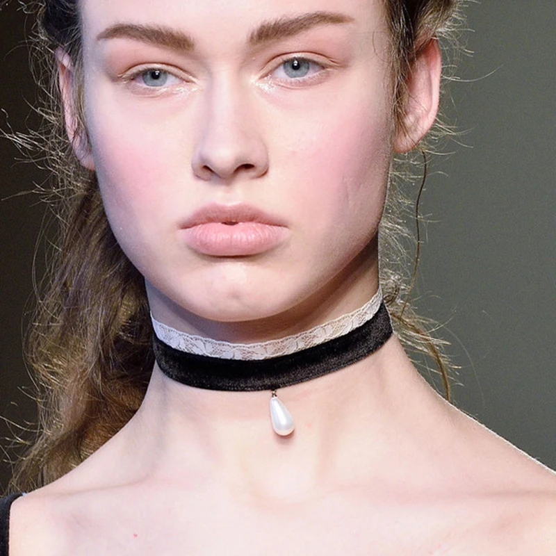 Жемчужный кулон бархатный кружевной Чокер Ожерелье Ретро готический черный