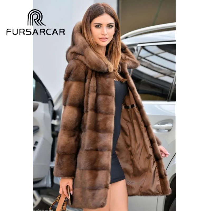 FURSARCAR Новое поступление роскошное натуральное Норковое меховое пальто для женщин с большим меховым капюшоном 80 см длинное женское пальто из натурального меха норки