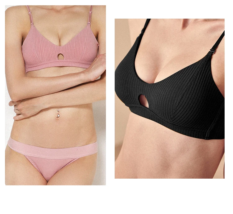 Solid Striped Bra Set Macarons Colours Comfortable Cotton Bra For Small Boobs Flat Breast Wireless Women Lingere