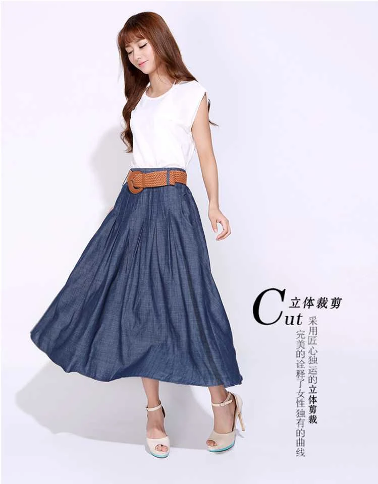Размеры s, m, l, xl,, летняя новинка, Женская Высококачественная тонкая свободная длинная джинсовая юбка, модели бюста, хлопчатобумажная юбка из денима, свободный пояс