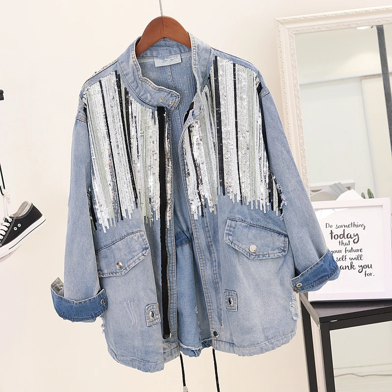 

2018 New Spring Autumn Women's Bling Sequins Denim Jacket Stand Collar Long Sleeve Loose Jeans Coat Female Student Overcoat