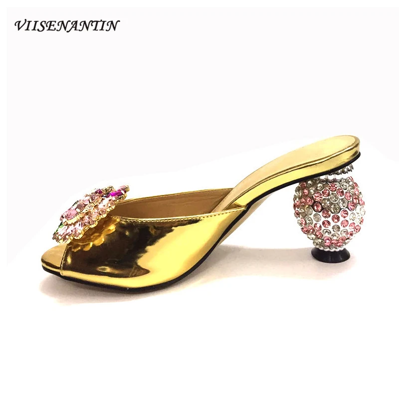 

VIISENANTIN Gold Patent Leather Lady Summer Slipper Shoe Peep Toe Sexy Colorful Crystal Shoe Round Ball Heel Exquisite Shoe