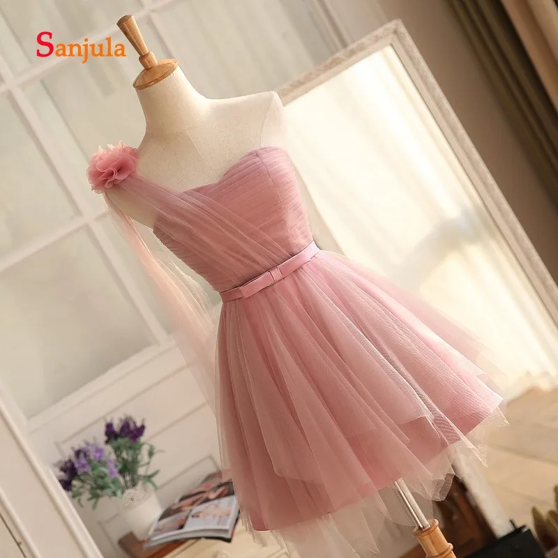 Недорогие розовые платья подружки невесты на одно плечо короткое платье Тюлевое