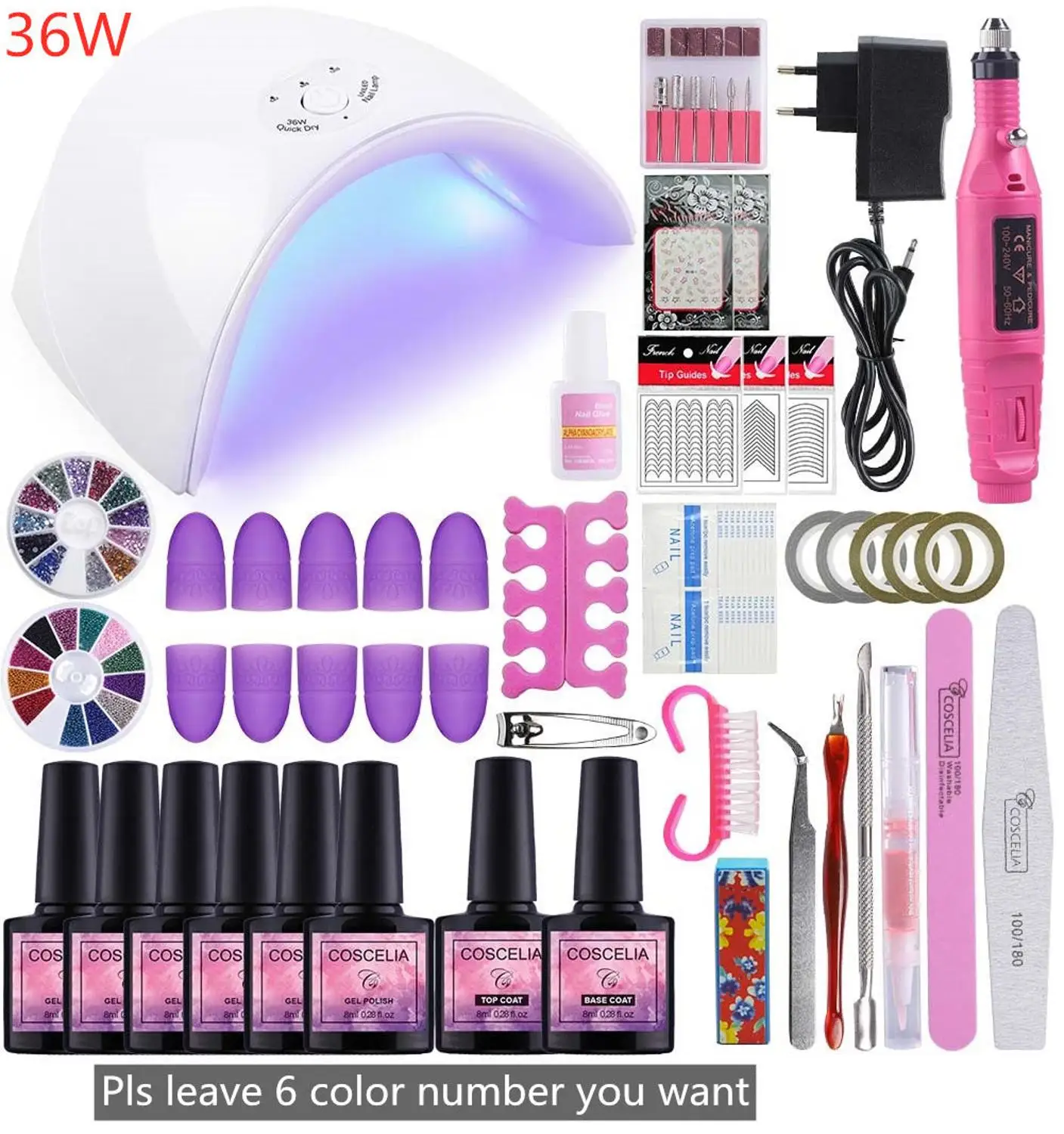 36W with 6pcs Gel Маникюрный набор COSCELIA 80 Вт УФ светодиодная лампа с 12 шт. Гель-лак для ногтей Набор для ногтей Электрический сверлильный станок Инструменты для маникюра - Цвет: 36W with 6pcs Gel
