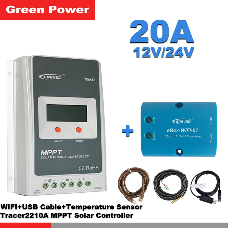 Контроллер солнечной батареи Tracer2210AN 20A 12 В/24 В MPPT с преобразователем eBOX и USB