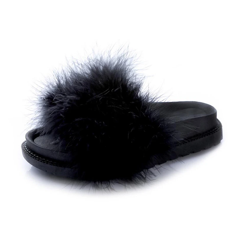 Женские тапочки; zapatos mujer; женские Ползунки; пушистое страусиное перо; мех; плоская подошва; Новинка; женские повседневные домашние тапочки; Вьетнамки; сезон осень