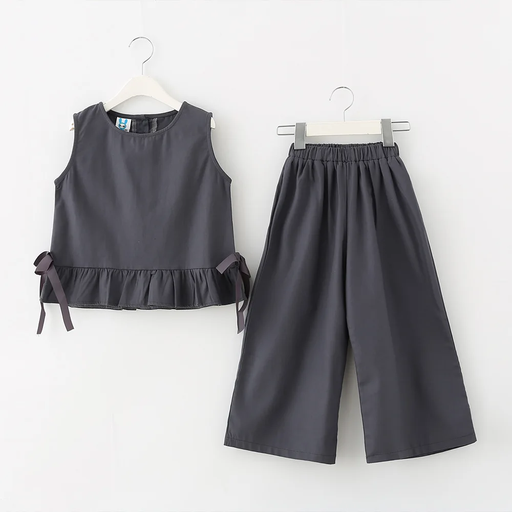 Новинка лета 2018 Модный комплект из жилета с бантом и круглым вырезом для девочек