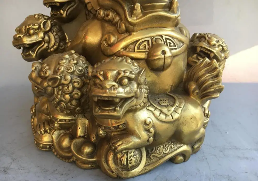 10'' brass folk fengshui decor auspicious beast treasure six fu foo dogs lion | Дом и сад