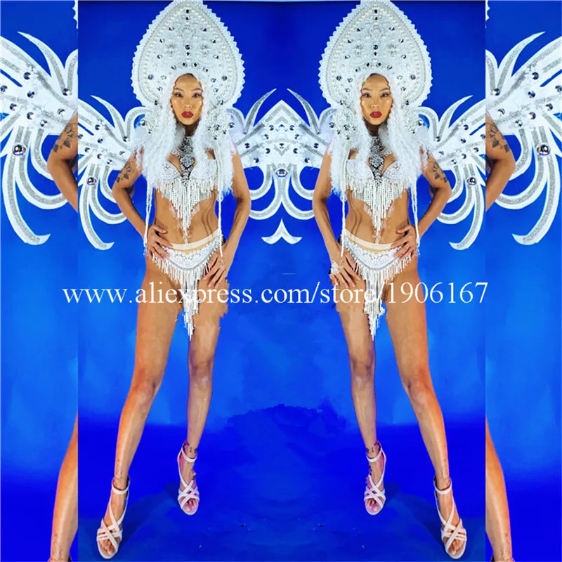 

Christmas Led Light Up Luminous White Wings C Pearl Headwear Bar Nightclun Model Party Dress Dance Bikini Suit Costumes