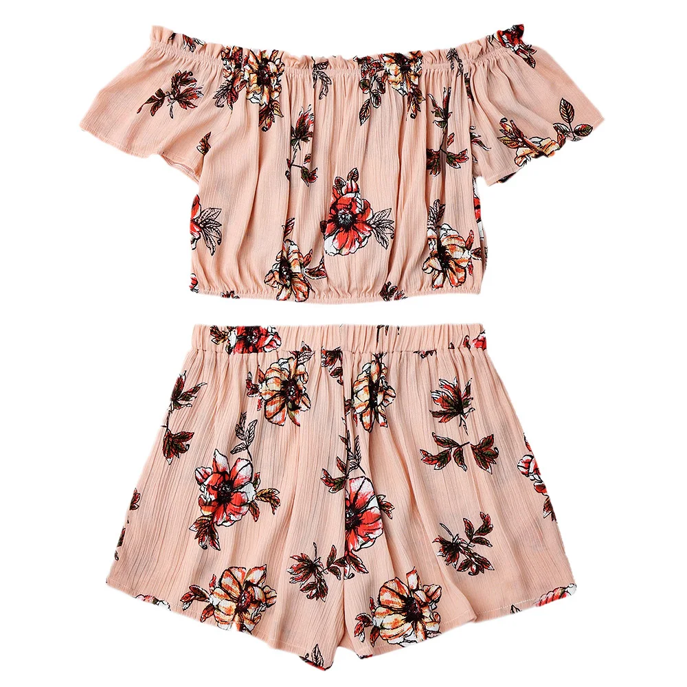 ZAFUL пляжная одежда с открытыми плечами оборками топ и шорты тюльпанами цветочный