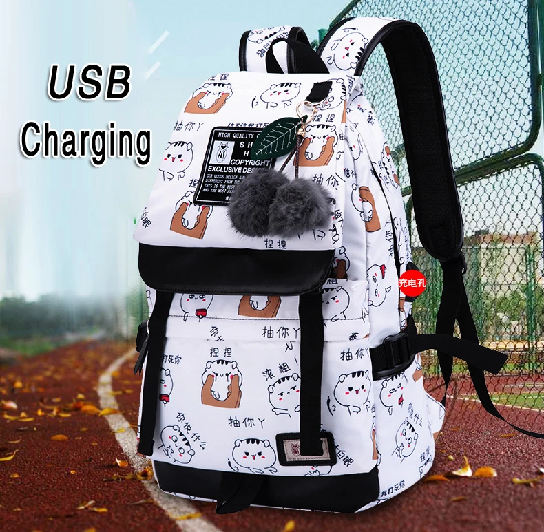 SHENHU, женский рюкзак с Usb зарядкой, сумка для ноутбука, сумки для путешествий, черный школьный рюкзак для девочек, модный рюкзак с мультипликационным принтом, Mochila