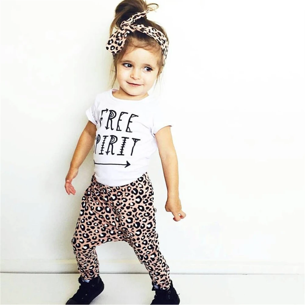 Summer baby girl leopard clothes fashion cotton t-shirt+pants+headband kids toddler 3pcs suit newborn girls | Детская одежда и
