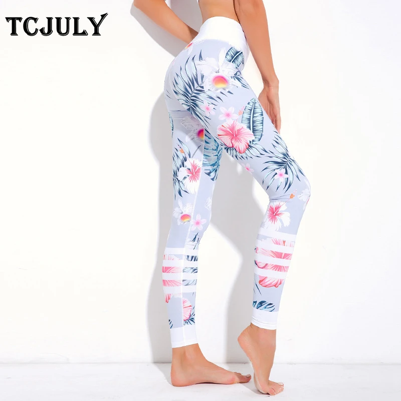 TCJULY Америка Горячая Распродажа цветы печати высокая талия Женщины Push Up обтягивающие леггинсы белые до щиколотки длина штаны леггинсы для фитнеса