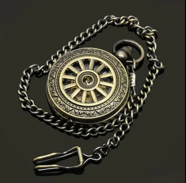 

Vintage Bronze antiques Hollow wheels pattern Black Roman numeral men cowboy chain pocket watches gift