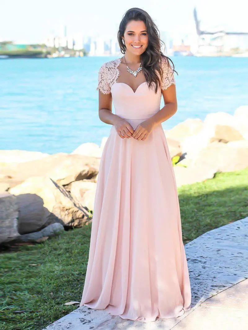 

Blush Bridesmaid Dresses Scoop Hollow Back Lace Sweep Train Pastels Chiffon Beach Garden Wedding Guest Gowns Maid Of Honor