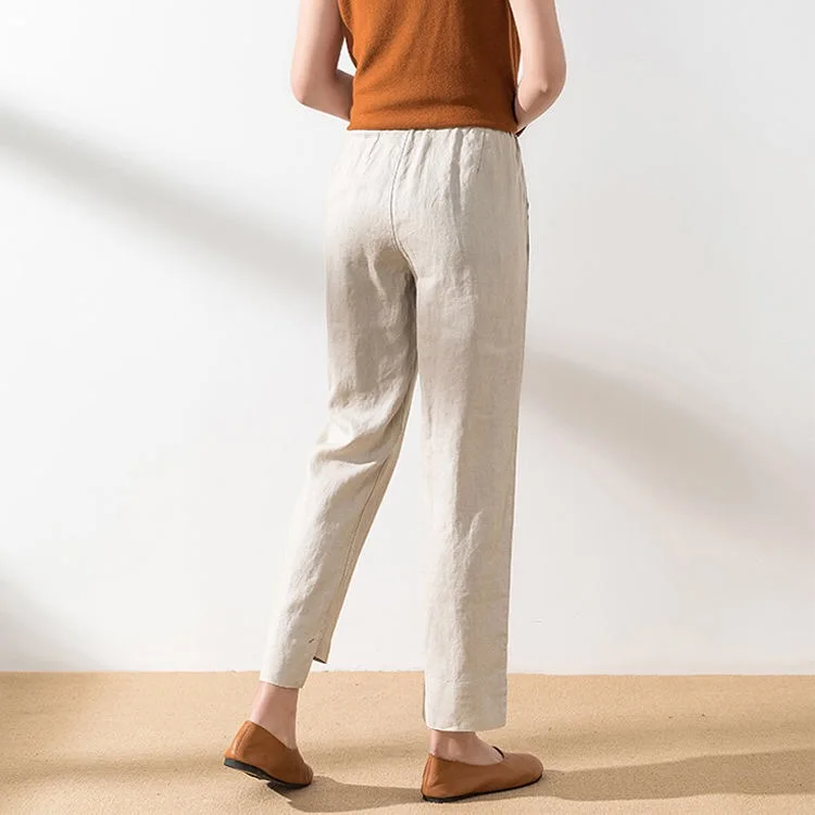 Summer Spring Womens Female White Black Beige Slim Irregular Linen Pants Casual Elastic High Waisted Loose Trousers For Women | Женская