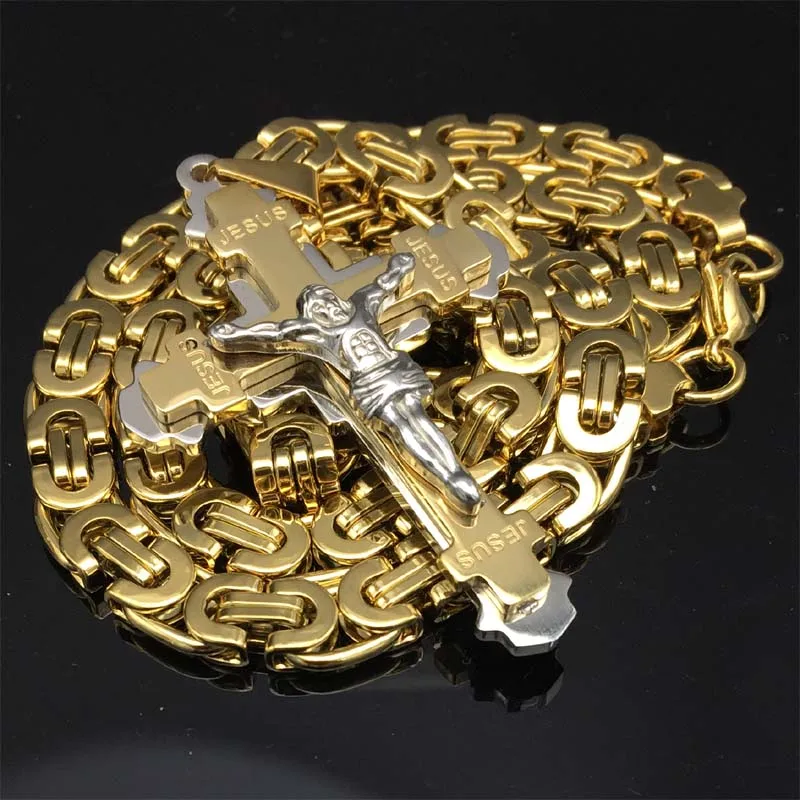 1pcs Exquisite Crucifix Jesus Cross Necklace Stainless Steel Christs Pendant Gold Byzantine Chain Men Necklaces Jewelry Gifts 24 | Украшения