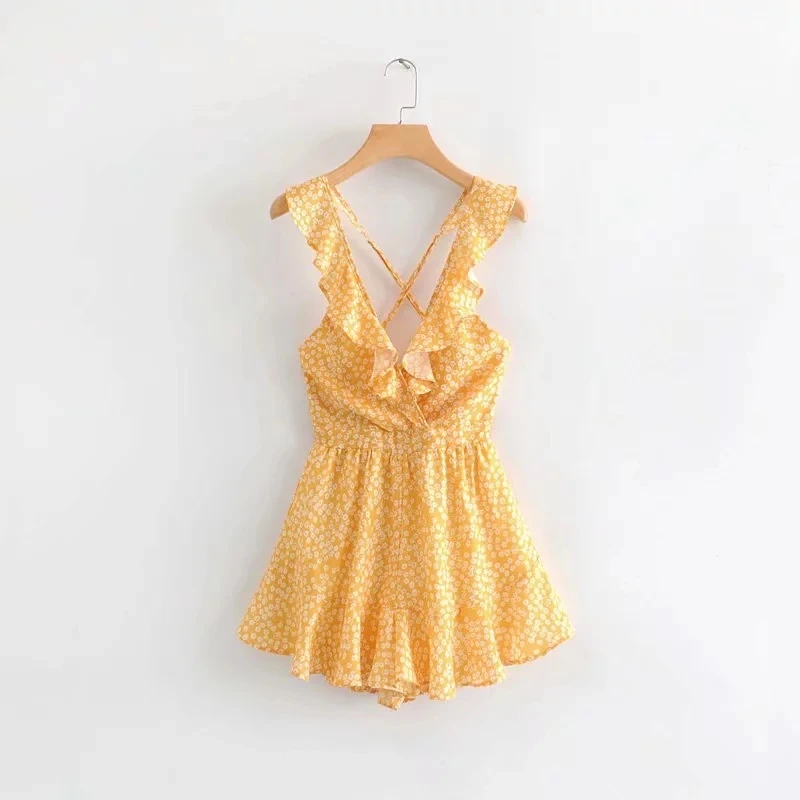 Summer rompers womens jumpsuit Sexy ruffle backless yellow playsuit Vintage boho floral beach women clothes 2019 | Женская одежда
