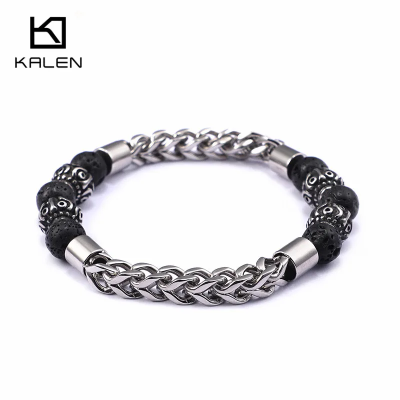 Мужские браслеты KALEN из нержавеющей стали с черными лавовыми бусинами|bracelets
