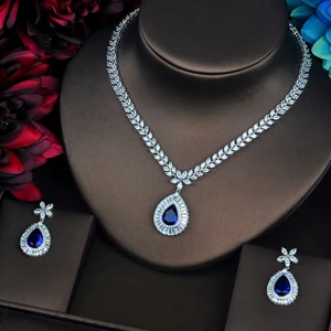 white gold color Hibride роскошь Синий в виде капли воды циркониевое Ювелирное Украшение, набор для Свадебное платье Элегантные Шарм аксессуары вечерние подарок N-505 - Окраска металла: white gold color