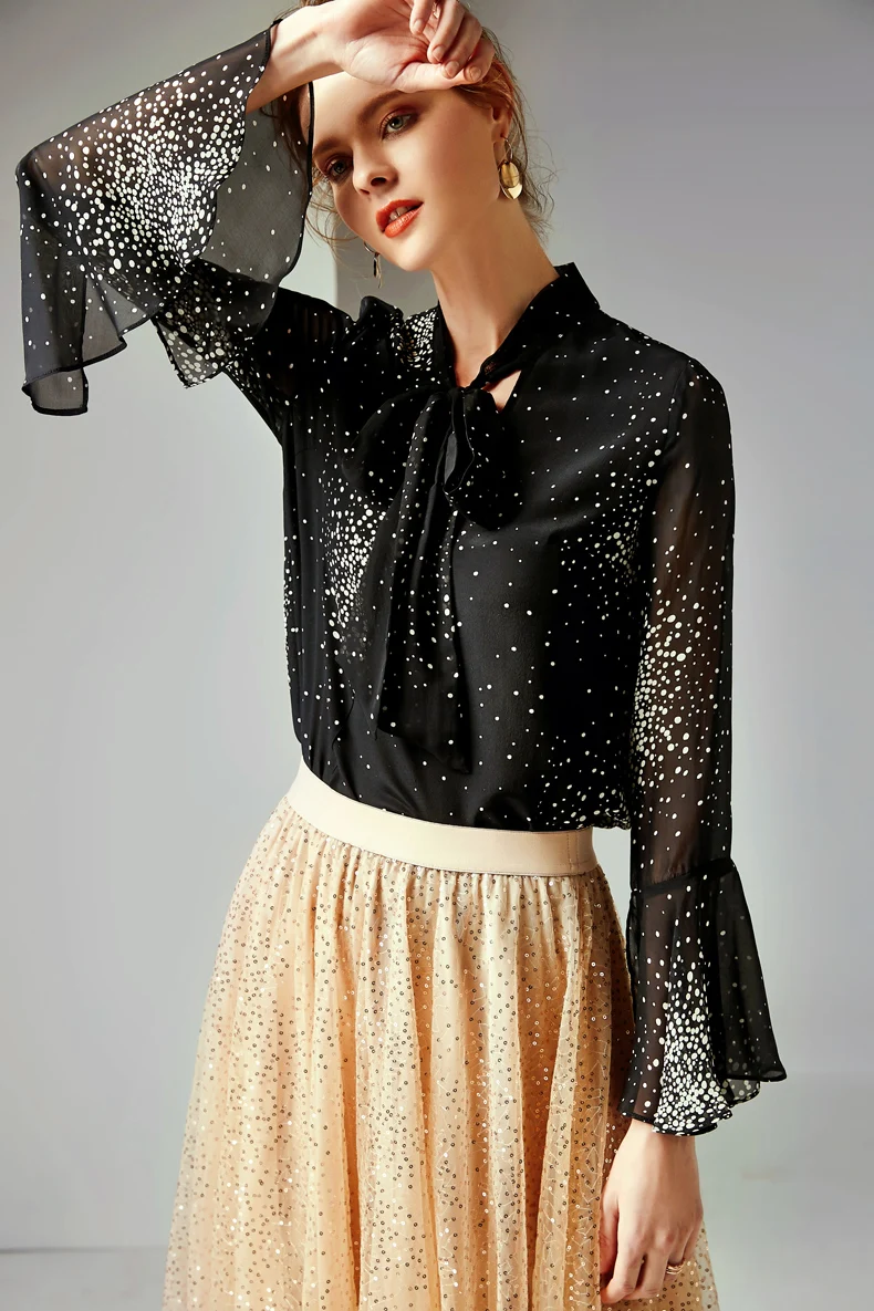 2019 100% Pure Silk Women's Runway Shirts Bow Collar Flare Sleeves Dots Printed Fashion Elegant Shirt Blouse |