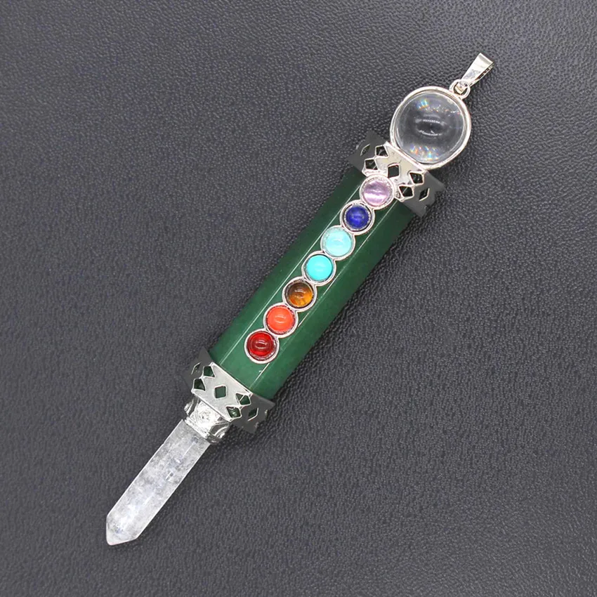 

Trendy-beads Vintage Silver Plated Layer Hexagon Column Rock Crystal with Natural Green Aventurine Pendant