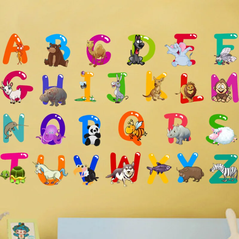 Алфавит с животными настенные наклейки буквы для детской комнаты съемные на