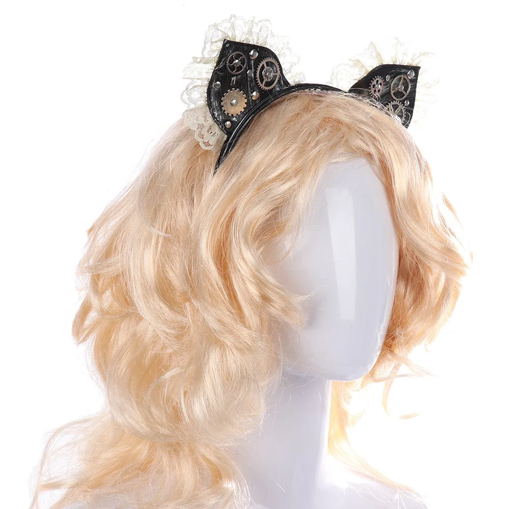Косплей Ретро стимпанк обручи для волос девочек кошачьи ушки PU обруч кружевное