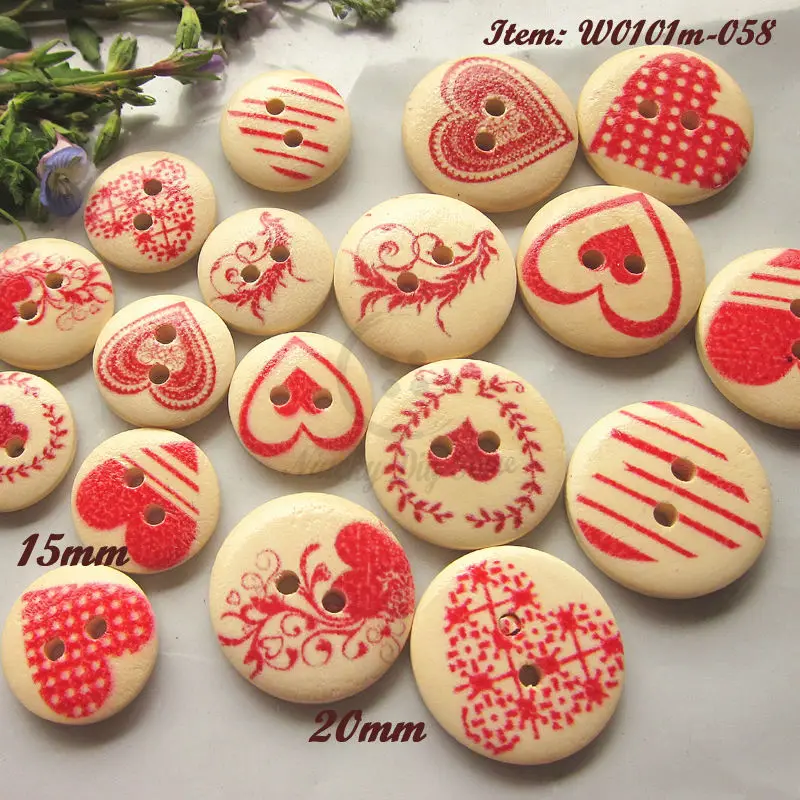 Декоративные деревянные пуговицы с красным сердечком, 2 отверстия, 15/20 мм, 100 / 50 шт.