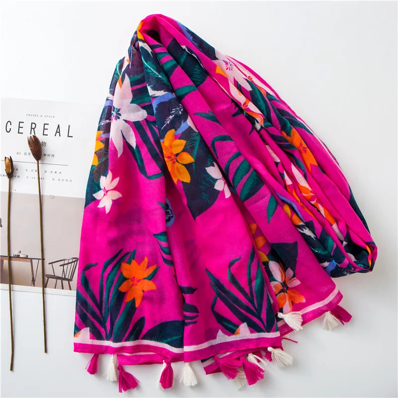 New 2021 Luxury Brand Cotton Scarf Women Shawls and Wraps Fashion Rose Red Floral Scarves Wrap Neck Foulards Muslim Hijab Sjaal |