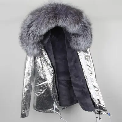 short silver Брендовое пальто из натурального меха, новая парка, Серебряное пальто из искусственной кожи, зимняя куртка для женщин, воротник из натурального меха енота, теплые толстые парки со съемным воротником - Цвет: short silver