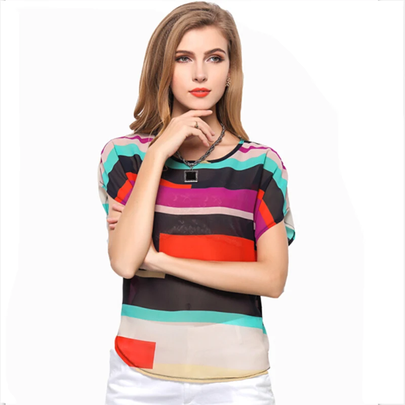 2017 летний женский топ в полоску шифоновая блузка женская прозрачная дешевая