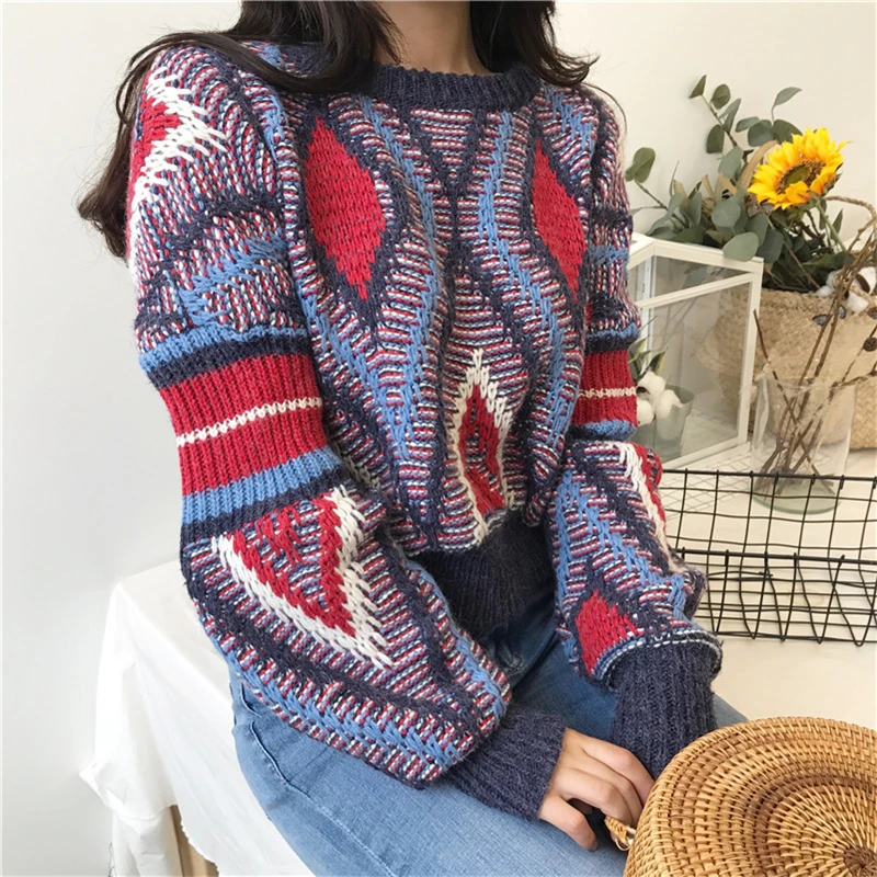 RUGOD 2019 Fashion Loose Christmas Sweater Lantern Sleeve O-neck Striped Women Casual Short Winter Pull Femme Hiver | Женская одежда