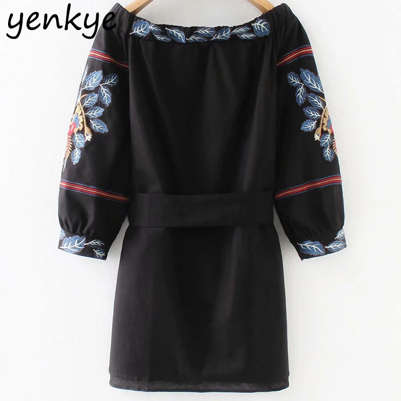 2018 Лето Вышивка пикантные с открытыми плечами платье Для женщин длинным рукавом