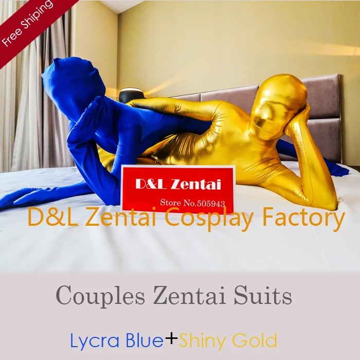 Фото Бесплатная доставка DHL костюм для взрослых пар Синий лайкра спандекс и золотой