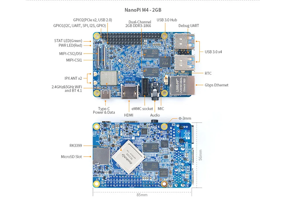 NanoPi M4 2 ГБ/4 ГБ DDR3 Rockchip RK3399 SoC 2,4G и 5G двухдиапазонный WiFi, Поддержка Android 8,1 Ubuntu, AI и глубокого обучения
