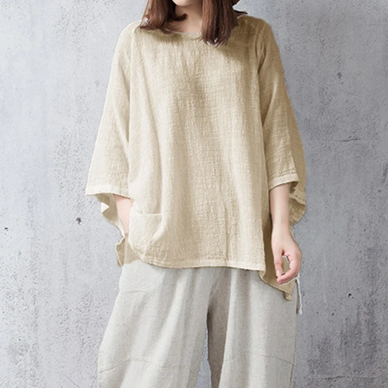 

2019 Cotton Linen Blouses Women Batwing Sleeve Tops Woman O-Neck Long Sleeve Blusa Oversize Loose Blouse Clothes Plus Size Blusa