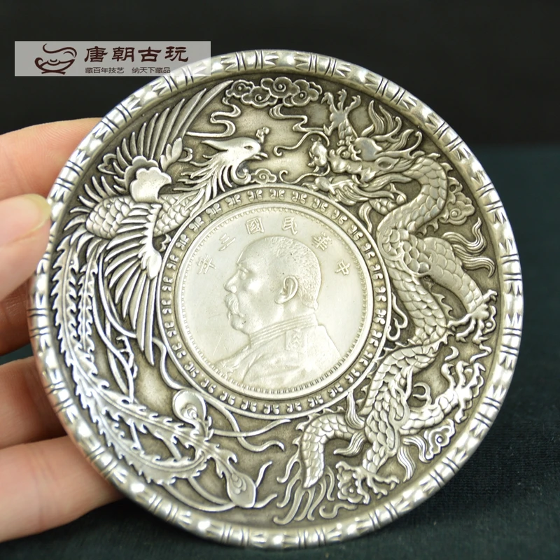 Китайский тибетский серебристый дракон и статуя Феникса юань большая голова