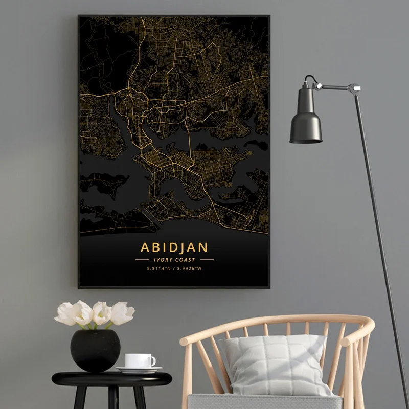 Abidjan карта побережья слоновой кости Золотая холст Художественная печать