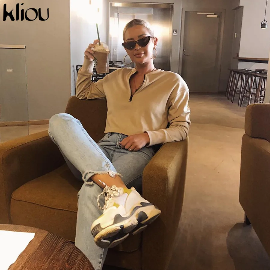 Kliou женский однотонный комплект из 2 предметов толстовка с длинным рукавом с воротником на молнии и короткие шорты повседневный модный костюм