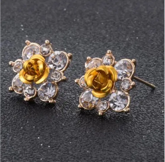 High Quality Rhinestone Flower Crystal Stud Earrings For Women Party Rose Pink Blue Romantic Boho Fashion Jewelry | Украшения и
