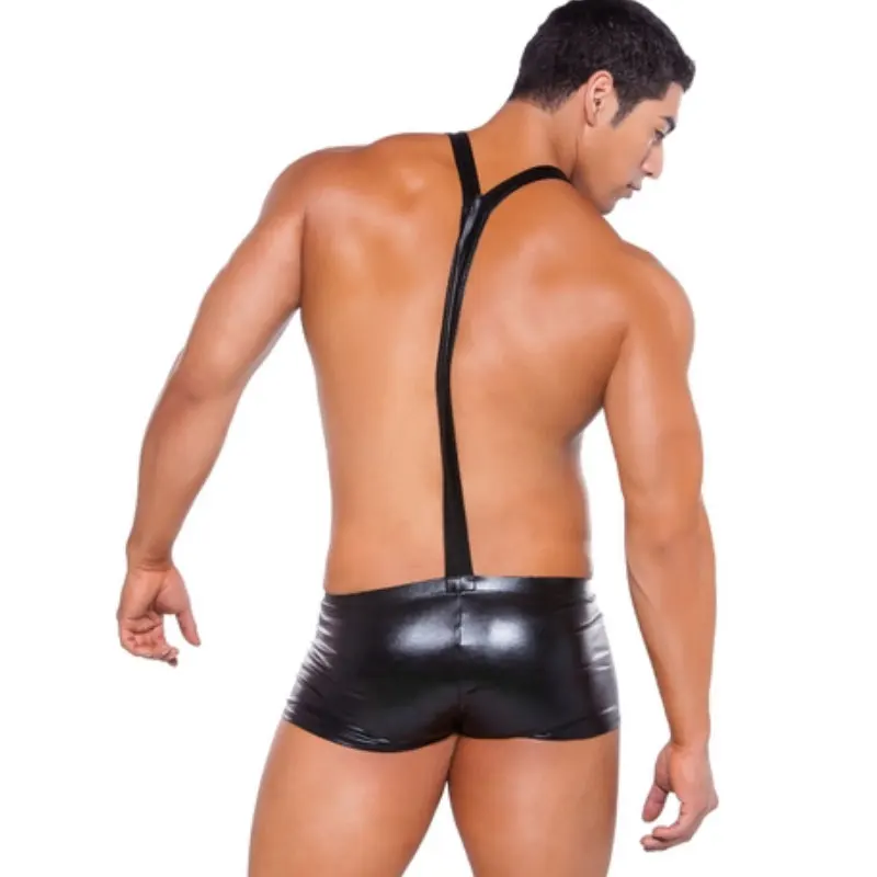 Sexy Men Shiny U Convex Pouch Boxer Faux Leather Strap Stage Boxers Bodysuit Jumpsuits Jockstrap Shaper Gay Wear Plus Size F16