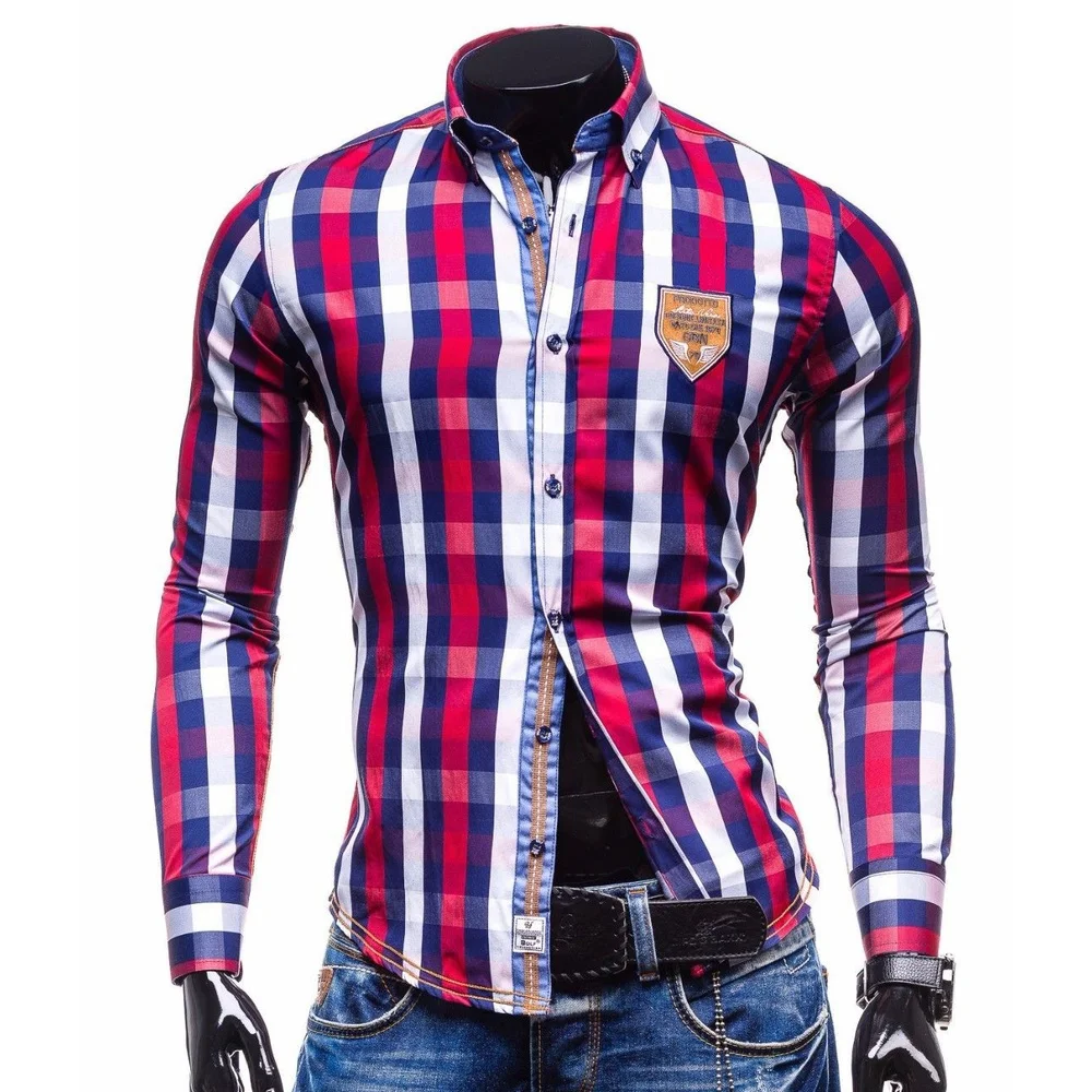 Рубашка мужская однобортная в клетку с длинным рукавом приталенная|Повседневные