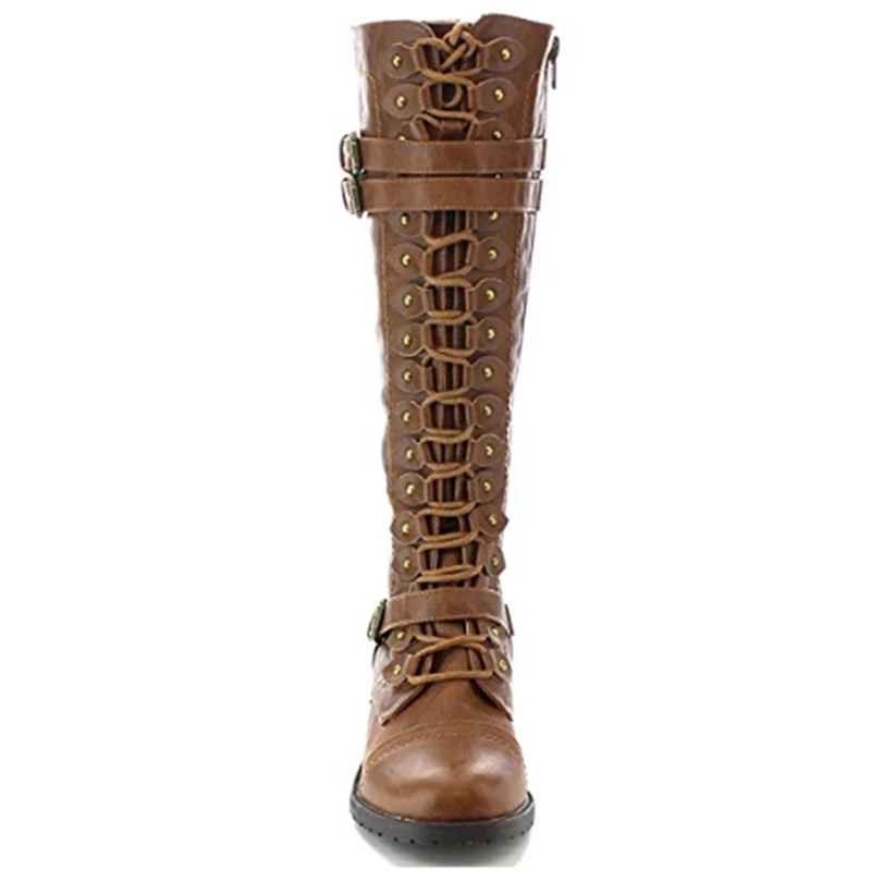 

Sexy Lace Up Knee High Boots Women Fashion Boots Flats Shoes Woman Square Heel Rubber Flock Boots Botas Winter Buckle Size 43