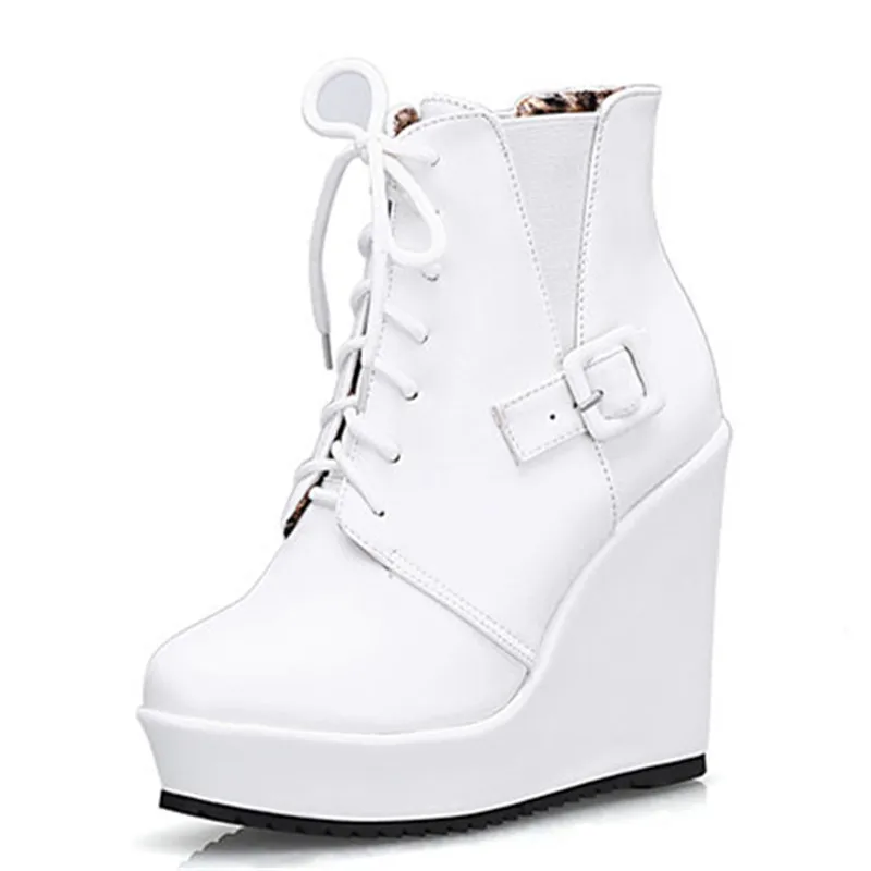 

Smeeroon new platform shoes round toe ankle boots super high heels autumn winter boots for women zip+cross tied women boots