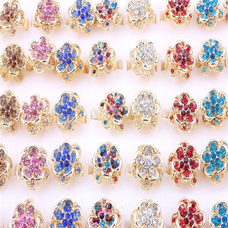 

QianBei 12pcs/set Wholesale Mix Jewelry Fashion Adjustable Gold Rhinestone Flower Rings Wedding Ring For Women Free shipping